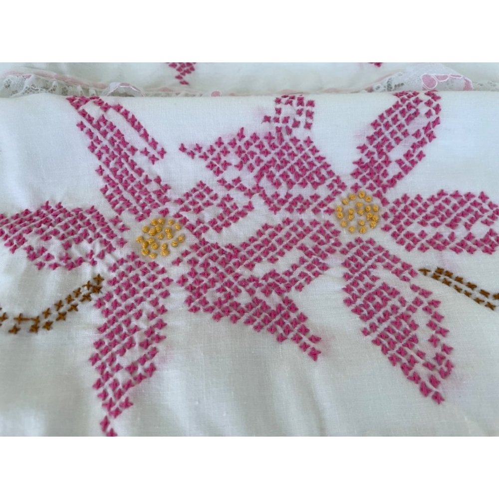 Vintage pair PIllow cases Embroidery Cross Stitch Pink Flowers - Picture 6 of 12